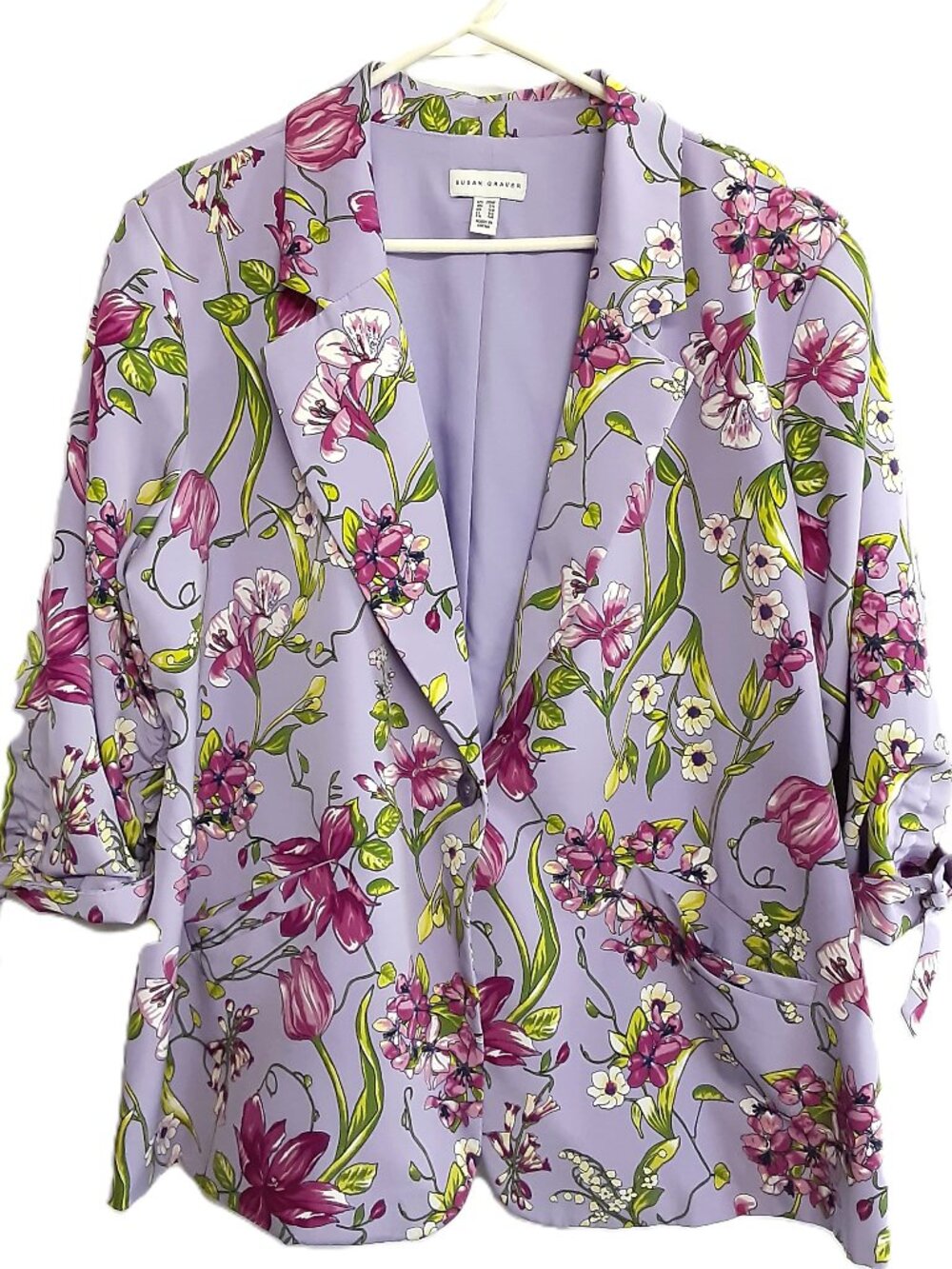 Susan Graver Blazer Size 20W Floral Purple Lined 3/4 Sleeve Shoulder Pads Pocket